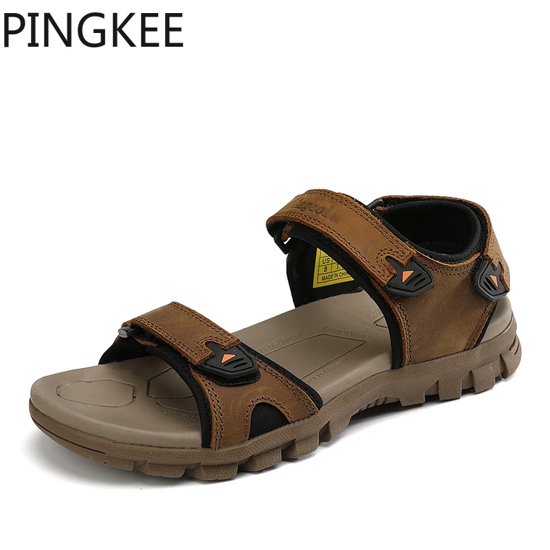 

PINGKEE Cushioned Water Open Toe Full Grain Leather Outdoor Summer Hiking Sandals For Men Beach Swimming Hook Loop Strap Shoes