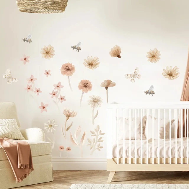 Adesivi Murali Fiori Acquerello - Decorazione Per Camera Ragazza, Soggiorno, 2 Fogli 30x60 Cm