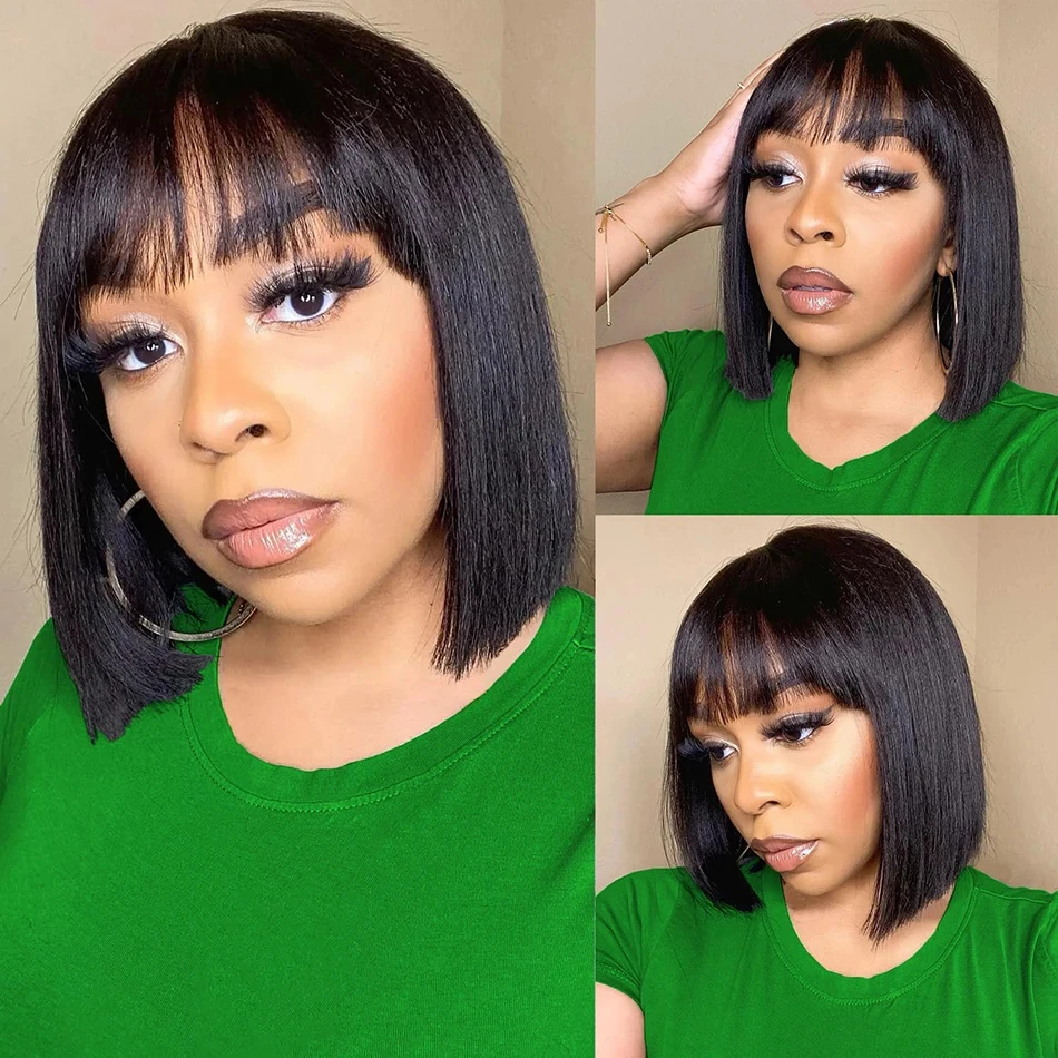 3X1 Middle Part Lace Straight Short Bob Wig With Bangs Human Hair Glueless