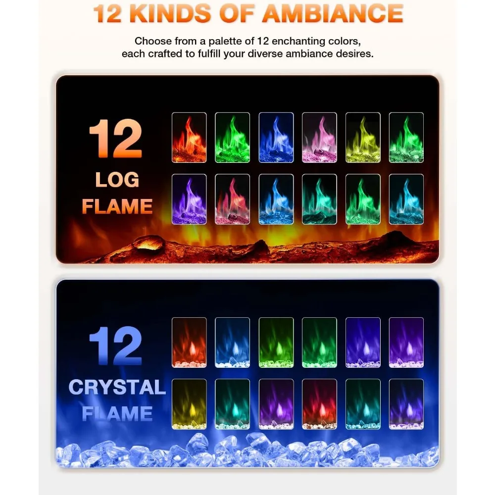 Electric Fireplace 60Inch,Realistic Flame Electric Fireplace Heater,Log Set/Crystal Flames 750-1500W with Timer Inserts/Mounted 5