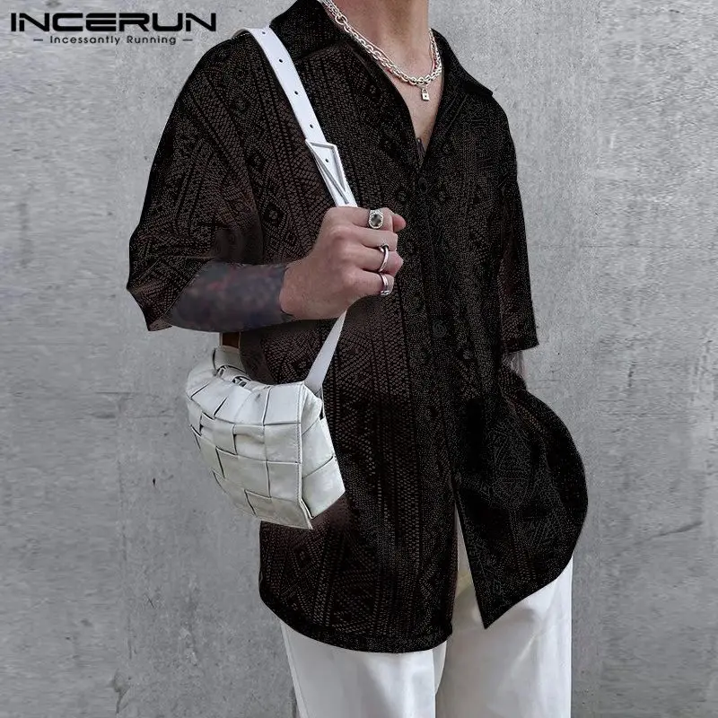 Men See Shirt INCERUN Men Shirt Mesh See Through Lapel Sexy Short Sleeve Lace Button Camisas Streetwear Party Nightclub Men Clothing 7