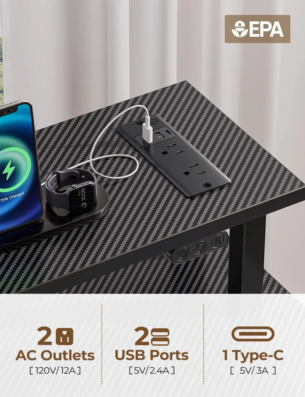 Computer Desk with Power Outlets & LED Light, 47 inch Home Office Desk , Modern Work Desk for Home Office, Carbon Black 4