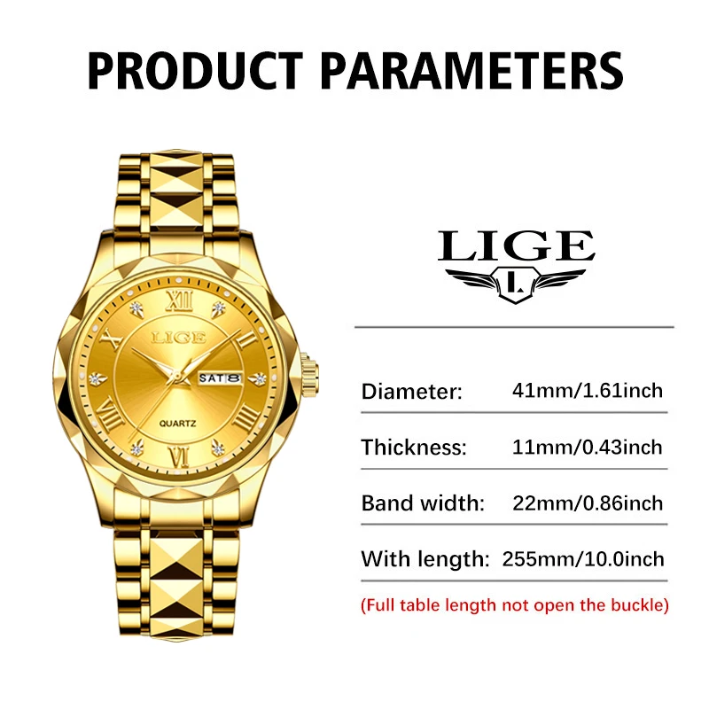 LIGE Ladies Wristwatch Luxury Waterproof Luminous Date Gold Watch For Women Dress Stainless Steel Quartz Women's Watches+Box