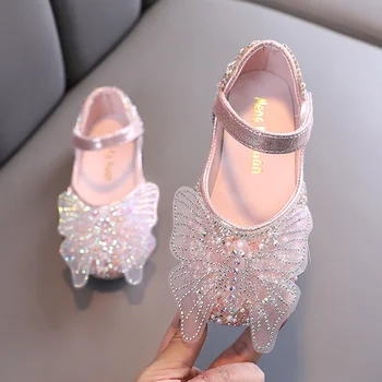 Girls Leather Shoes Children's Lace Butterfly Rhinestone Pearls Beading Performance Single Shoes Fashion Weeding Kids Shoes 1