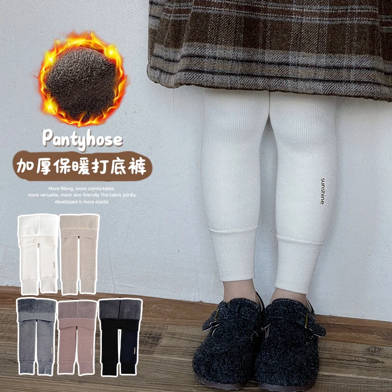 Princess Baby Girls Winter Thick Plush Fleece Vertical Stripe Tights Metallic Gold Print Leggings Warm Cotton Kids Cropped Pants 2
