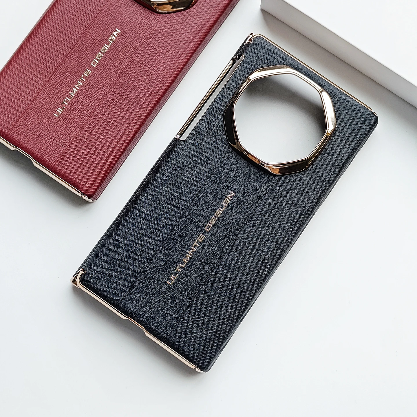 Luxurious Leather Electroplated Gold Frame Dual Hinge Case with Camera Protection Cover