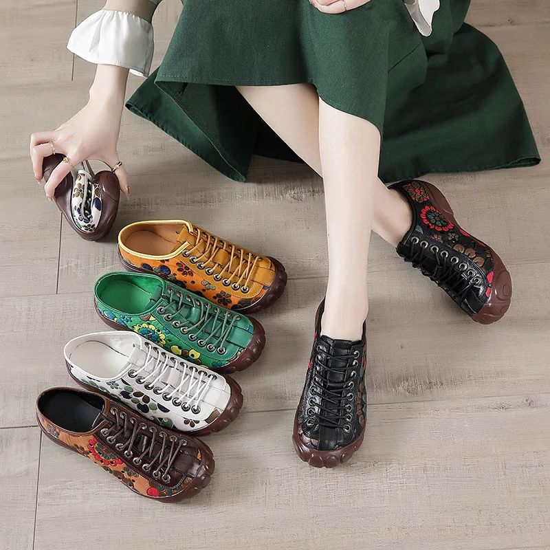 

Xiuteng Printed Genuine Leather Hollowed Shoe With Breathable Holes For Woman Sandals Casual Sneakers Flats