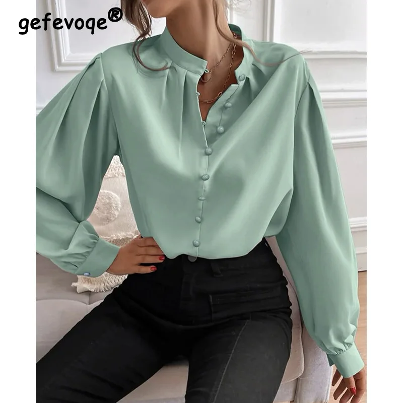 Elegant Temperament Female Clothing Solid Loose Fitting Lantern Long Sleeves Blouse Half Open Collar Pleated Pullover Shirt