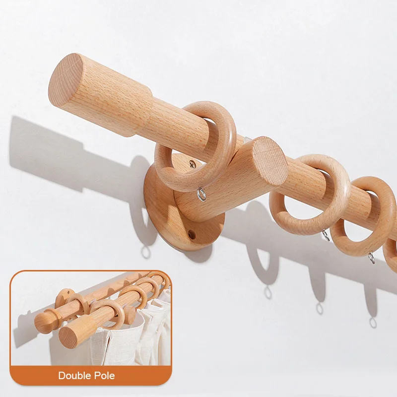 Beech Solid Wood Curtain Rods Roman Poles Single Double Rod Japanese Wooden Track Brackets Holder Rings Accessories Customized