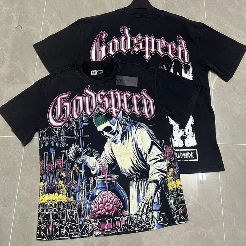 GODSPEED 아메리칸 하이 스트리트 티셔츠 약사 프린트 실제 사진 최고 품질 1:1 라운드 클래식 패션 반팔 남성 상의