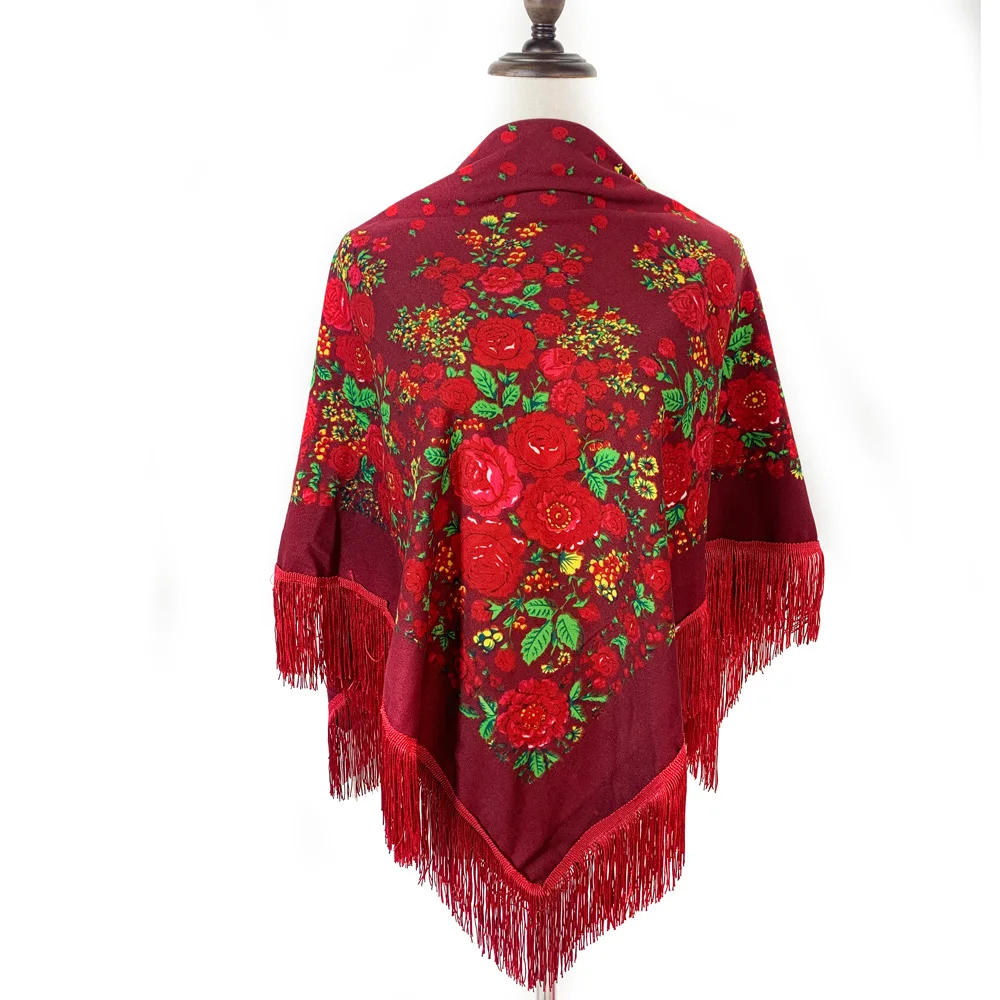 

115*115cm Russian Style Women Square Scarf Luxury Floral Print Fringed Scarves Babushka Handkerchief Autumn Winter Shawl