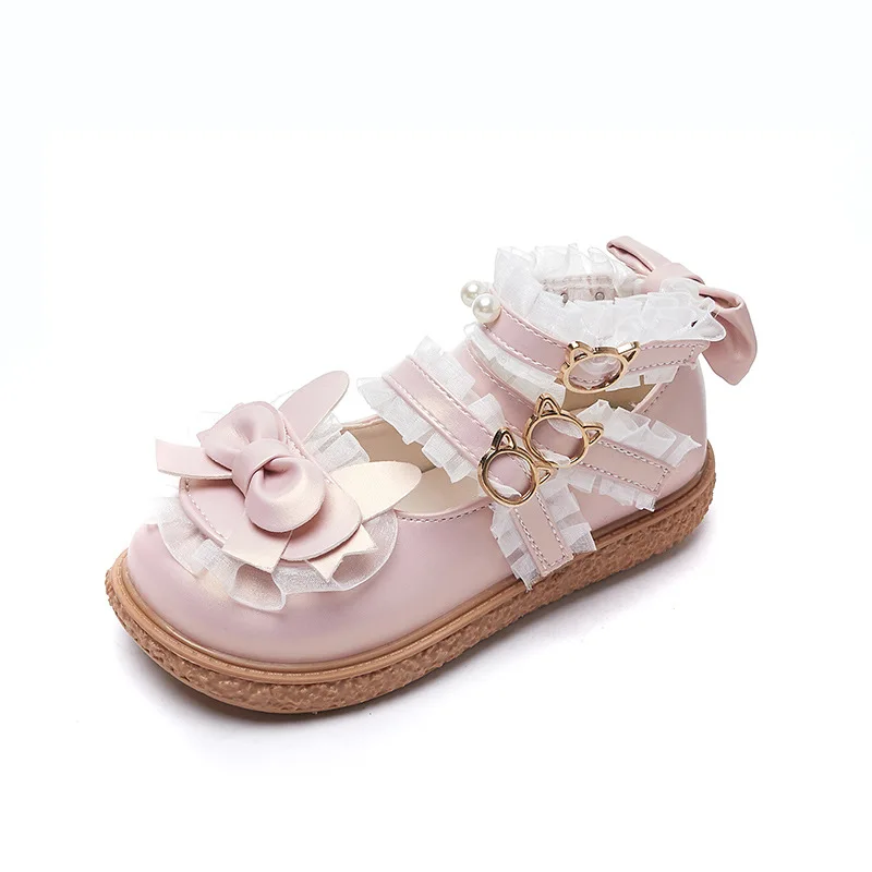 Girls Lolita Leather Shoes Spring Pearl Lace Children Soft Soled Single Shoes Kids Bowknot Princess Chaussure Enfant Fille