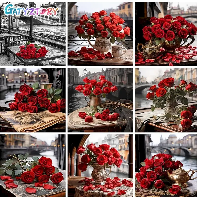 

GATYZTORY Pictures By Number Red Rose Kits DIY Frame Painting By Numbers Flower Drawing On Canvas HandPainted Home Decor Art Gif