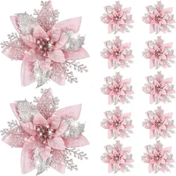 5pcs 14.5cm Glitter Artifical Christmas Flowers Merry Christmas Tree Decoration Happy New Year Ornaments Xmas Fake Flowers Natal