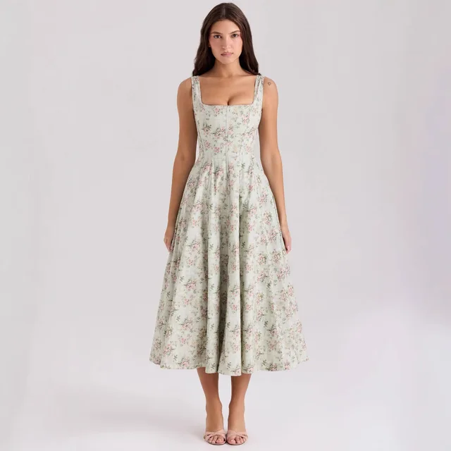 Oligai Summer Elegant Midi Dress 2025 New Arrivals Lace Up Floral Print Dress Women Sexy Corset Dress for Holiday Birthday