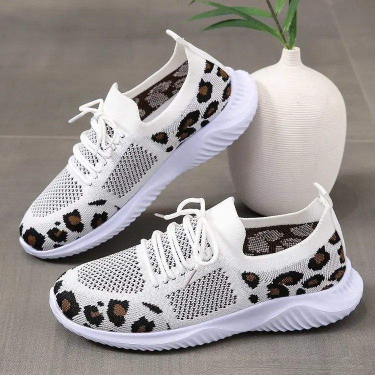 

Brand Womens Casual Sneakers Trendy Flying Woven Leopard Pattern Breathable Running Shoes Ladies Tennis Shoes Antislip Trainers