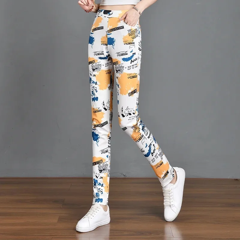 

Feet Pants Ladies Cui Hua 2024 Summer New Fashion Tights Print Slim Joker Wear Pencil Trousers Ladies Color Elastic Pants Tide