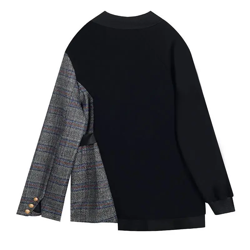 Design  Checkered Panel Sweater for Women Loose 2023 Spring Wear New Irregular Black Coat for Women