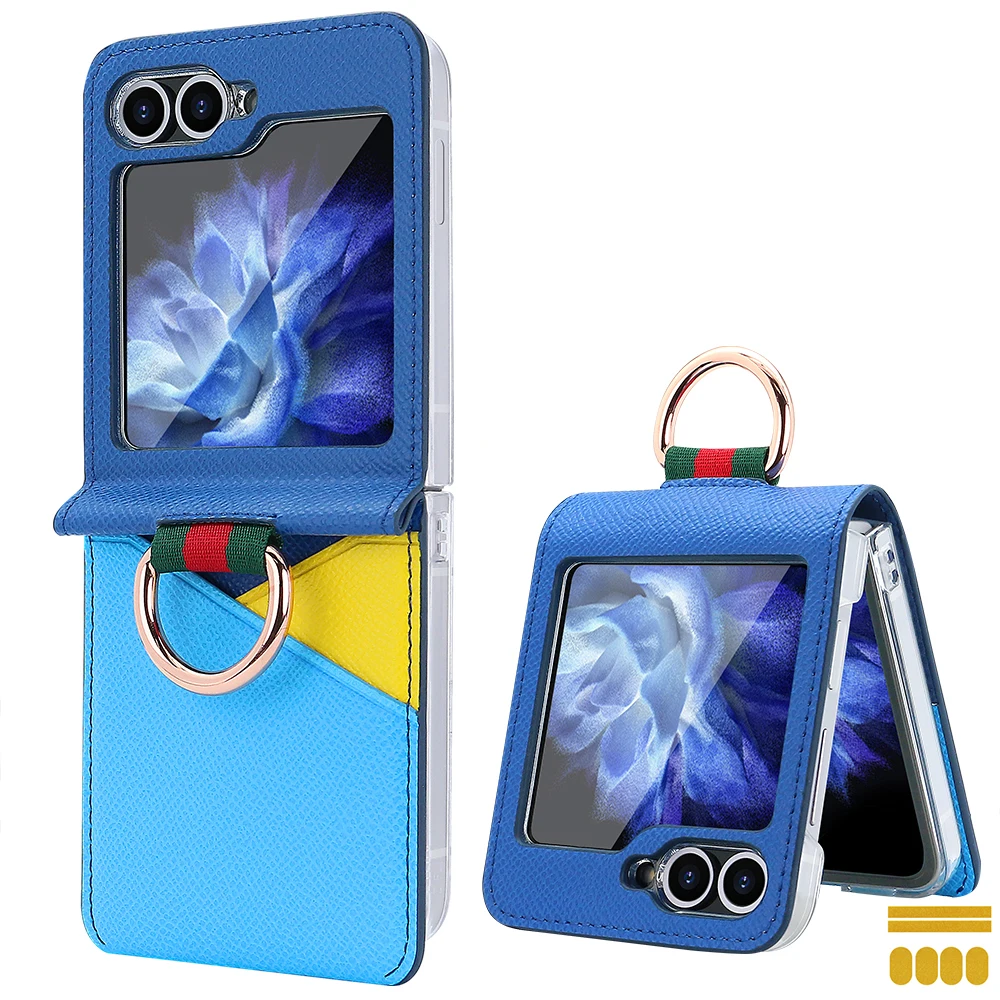 Color Collision Design Z Flip Phone Case with Finger Ring and Card Slot, Premium PU Leather