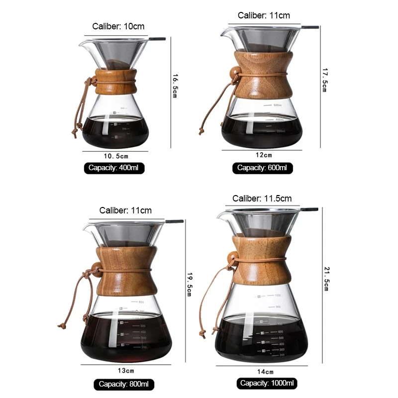 Coffee Maker Hand Glass Coffee Kettle 400ML-1L Stainless Steel Filter Dripper