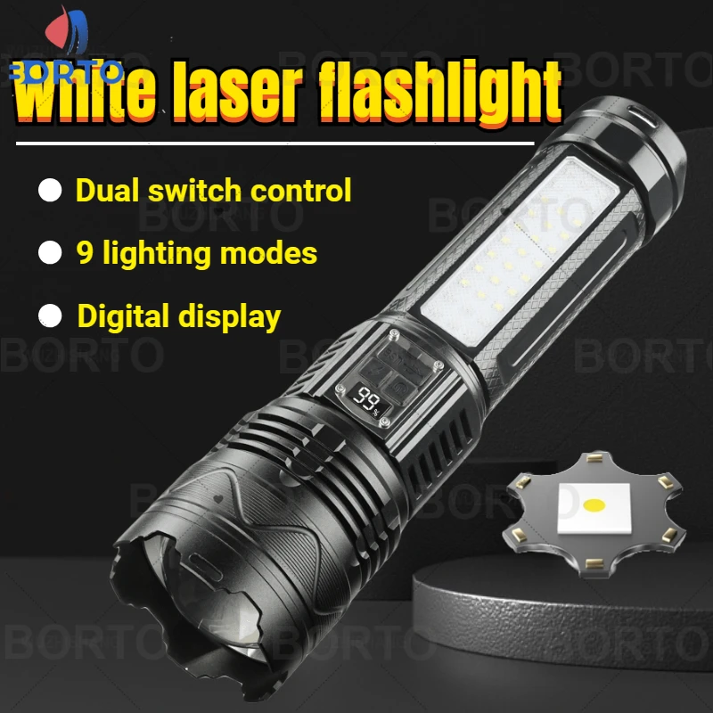 FLSTAR FIRE Ultra Bright White Laser Flashlight Outdoor Rechargeable Waterproof Lantern Telescopic Zoom Digital Display Torch