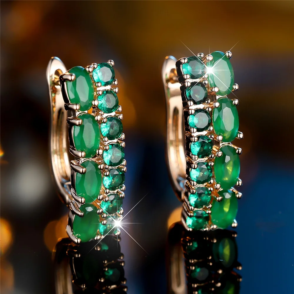 Simulated Jade Oval Stone Green Round Zircon Earrings For Women Vintage Gold Color Ear Buckle Wedding Jewelry Versatile Gifts
