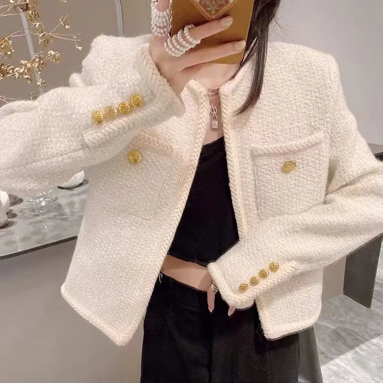 

Autumn 2024 Small Fragrant Tweed Jacket Coat Women Vintage Short Coats Streetwear Elegant Casual Spring Outwear Crop Top A32