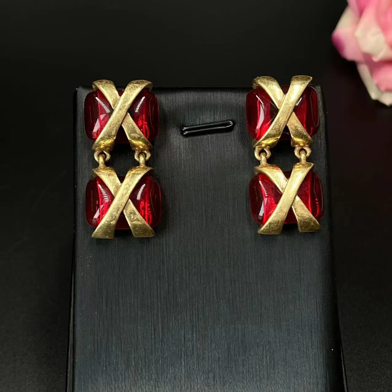 

Vintage Palace Style Red Square Glass Earrings