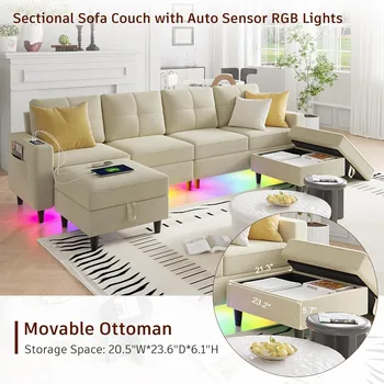 LED Sectional Couches for Living Room, Modular Sectional Sofa Set , Oversized U Shaped Sofa Couch with Auto Sensor RGB Lights 2