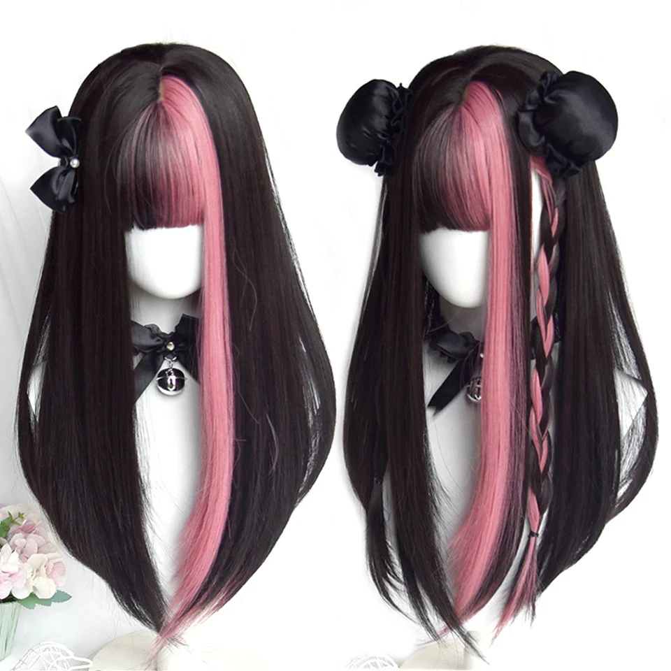 Synthetic Black Pink Hair Highlights Wig For Women Daily Wear