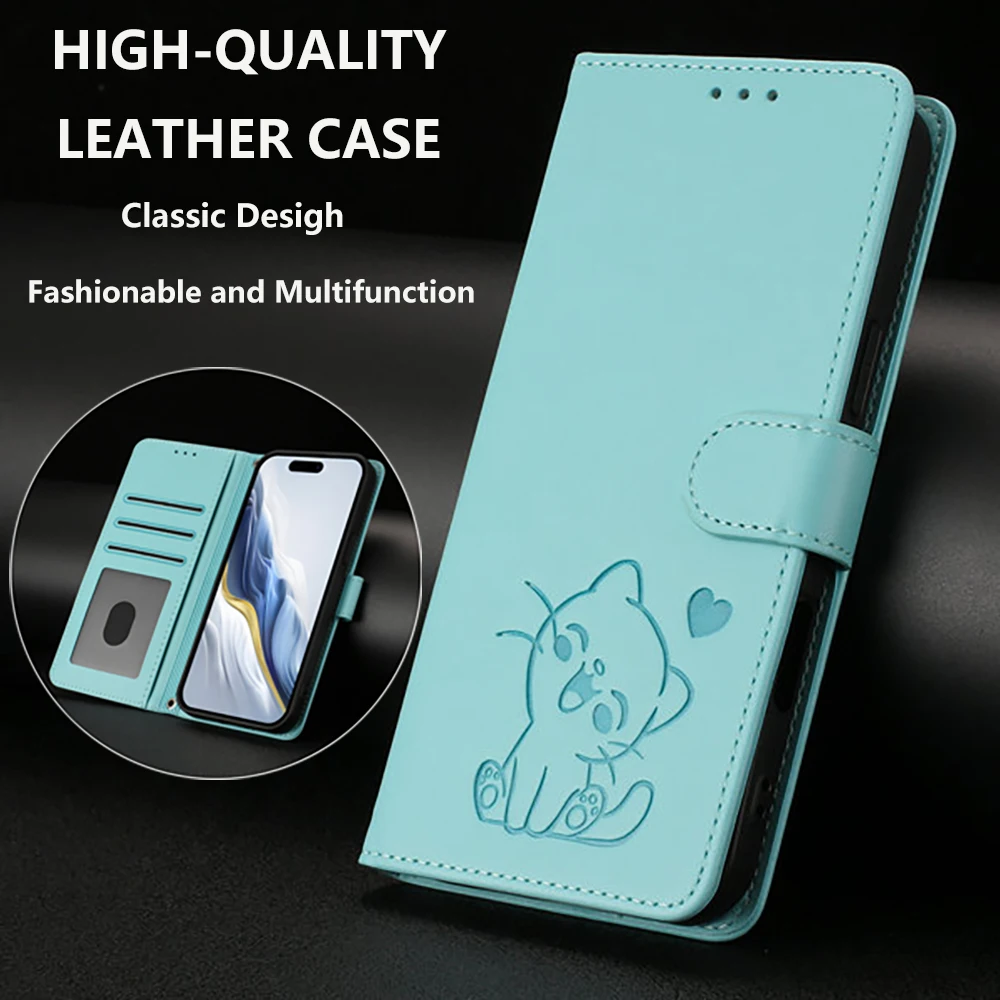 Luxury Embossed Cat Leather Wallet Cover - Premium 5G Smart Case