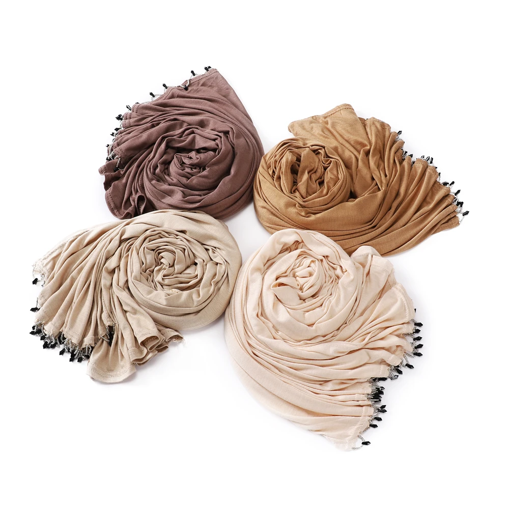 Fashion Modal Cotton Jersey Hijab Scarf with Handmade Beading Long Muslim Shawl Plain Soft Turban Head Wraps For Islam Women - Image 5