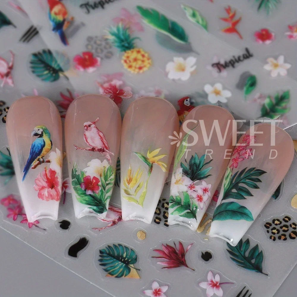 2pcs Tropical Green Leaf Designs Nail Art Stickers Palm Leaves Hibiscus Birds Decals Spring Summer DIY 3D Designs Manicure Tips
