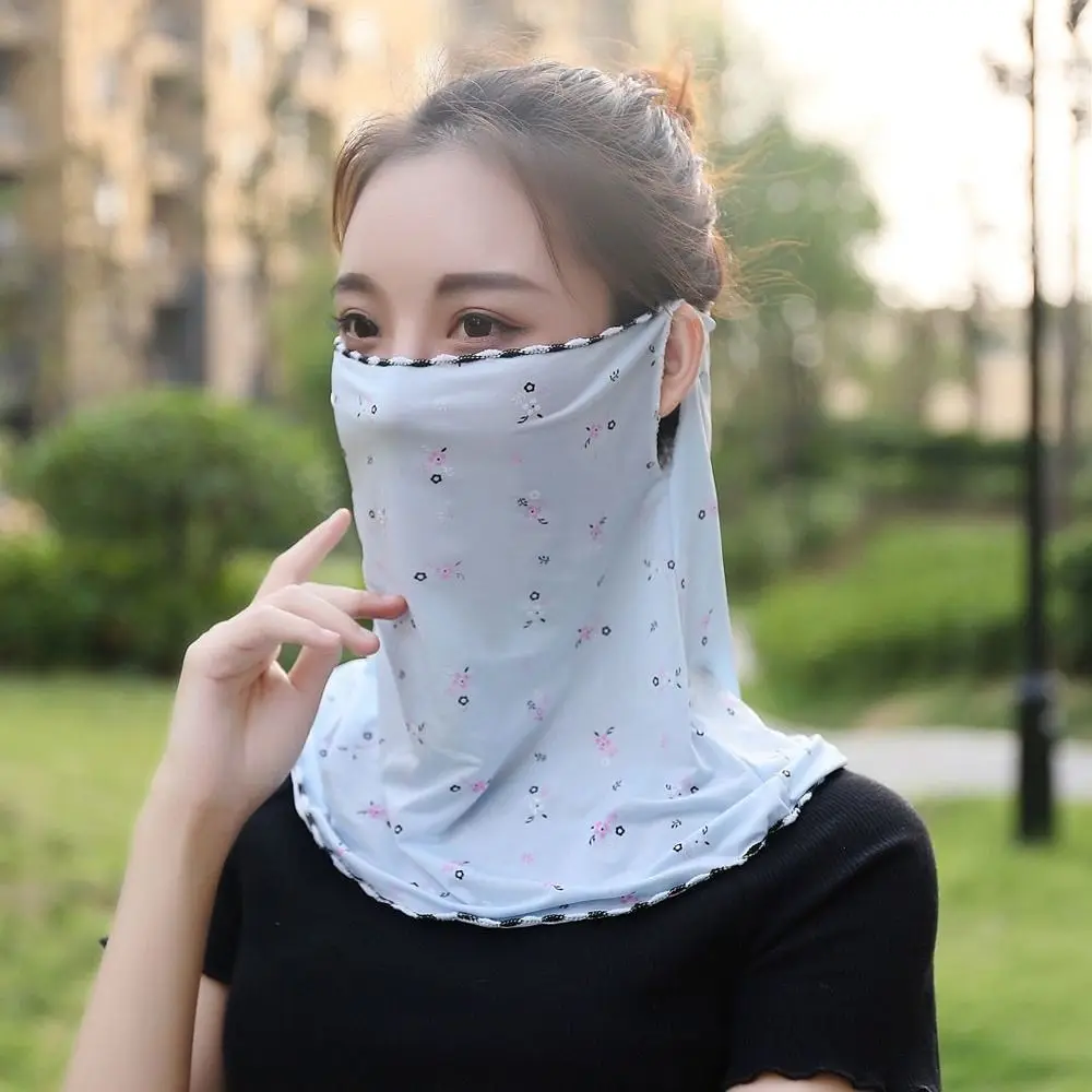 Summer Sunscreen Floral Ice Silk Mask Veil With Neck Flap Adjustable Outdoor UV Protection Face Cover Sun Protection Face Shield
