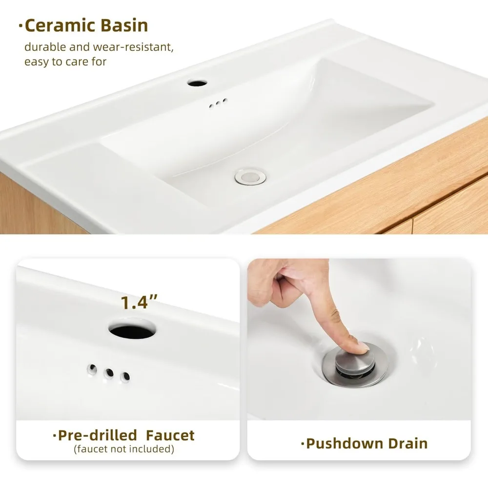 36 Inch Bathroom Vanity with Undermount Ceramic Sink, Natural Brown Bathroom Sink Cabinet, Modern Bathroom Storge Vanity 5