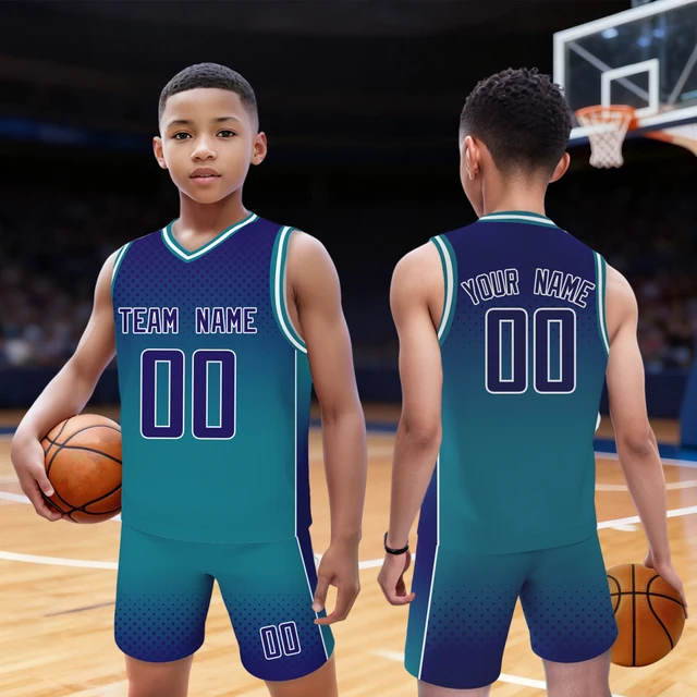 Short de maillot de basket-ball personnalisé bleu fondu pour enfants, uniforme de basket-ball personnalisé pour jeunes avec nom de l'équipe et numéro, cadeau pour Fans de garçons 1