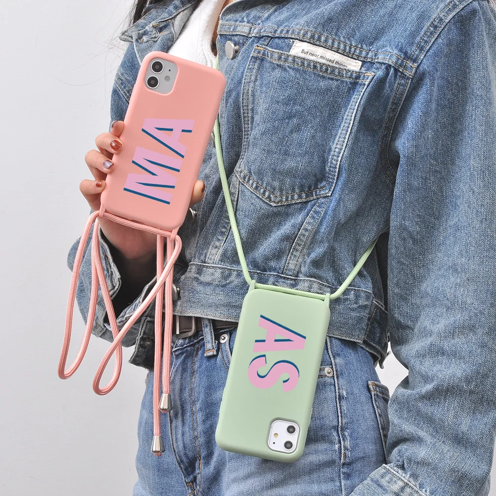

Name Phone Case With Strap for iPhone 11 Funda Custom Letters Soft Silicone Rope Cover 12 Pro Max 7 8 Plus X XR XS 10 SE 2020