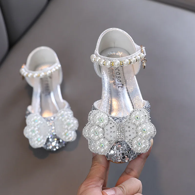 AINYFU Little Girls Rhinestones Bow Sandals Summer Fashion Kids Sequin Party Shoes Children's Pearl Princess Leather Sandals