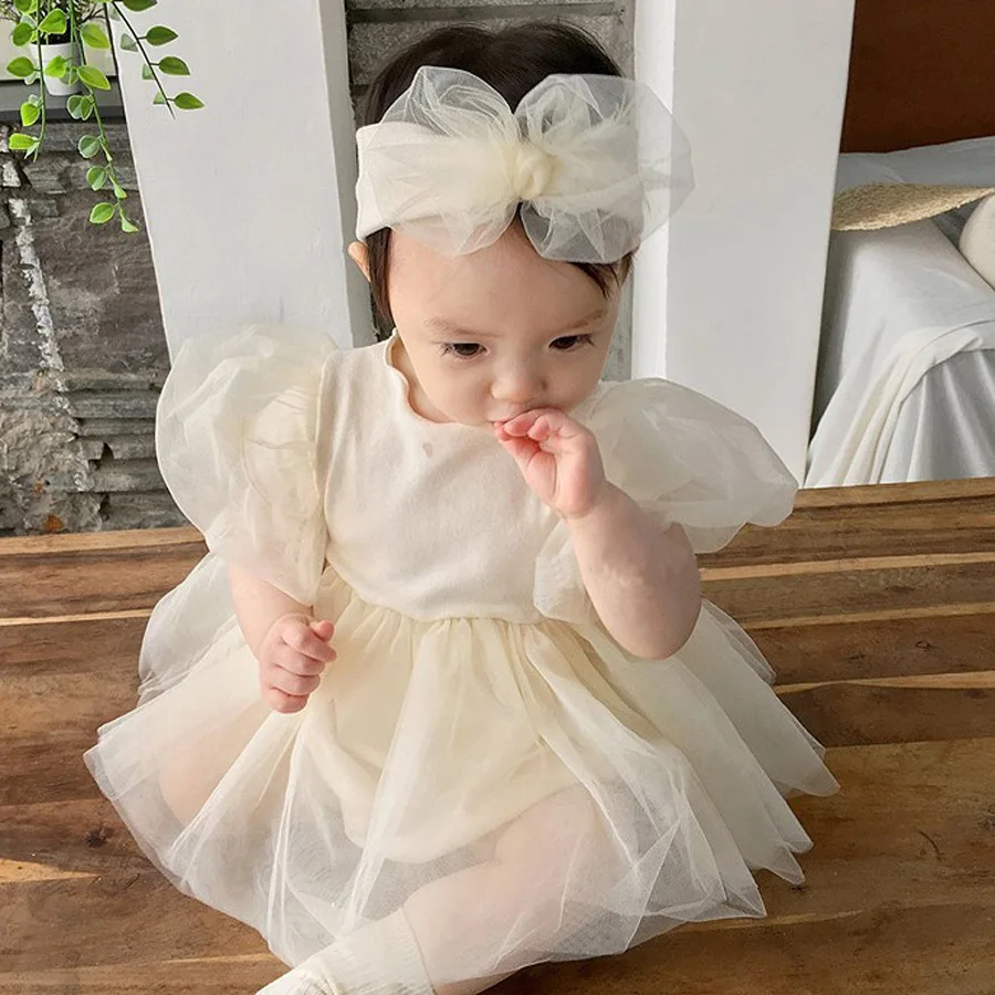 South Korea's same centenary princess short-sleeved climbing suit baby girl bubble sleeve puffy gauze skirt sister dress
