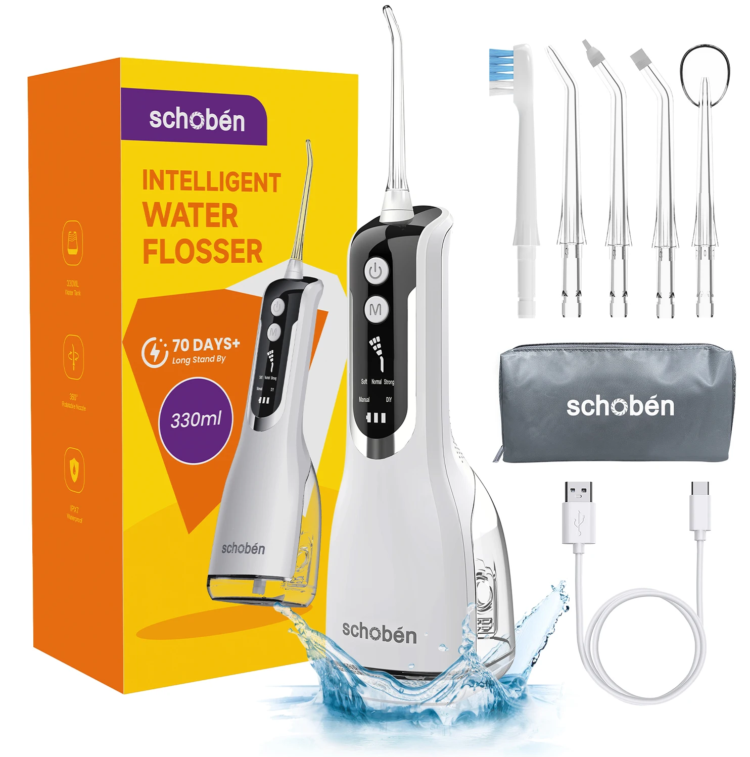 Schoben Portable IPX7 Waterproof Rechargeable 5 Modes Oral Irrigator Dental Water Flosser 330ML Teeth Cleaner Dental Water Jet oral irrigator dental cleaner water flosser