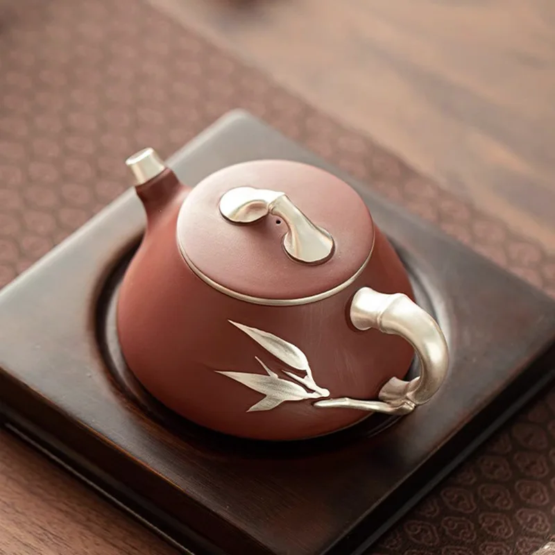 Chinese Style Silvering Bamboo Pattern Teapot, Purple Clay Raw Ore Dahongpao, Kung Fu Household, Handmade, 230ml, Pots, New, 1Pc