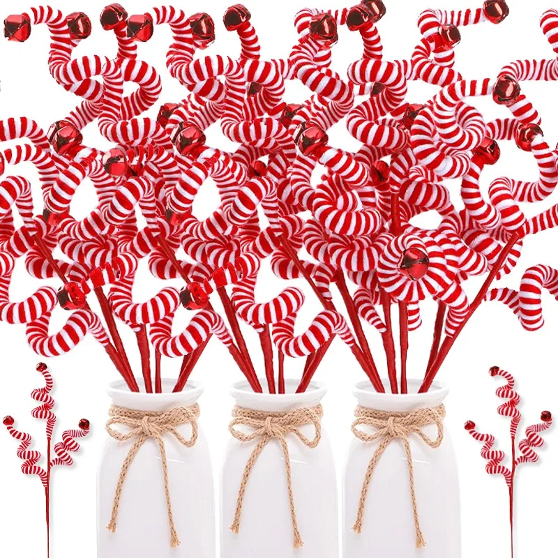 8/1x Wool Bell Candy Cane Ornaments Classic Holiday Season Tree Decor Christmas Plastic Swirl Stick Ornaments with Curly Picks