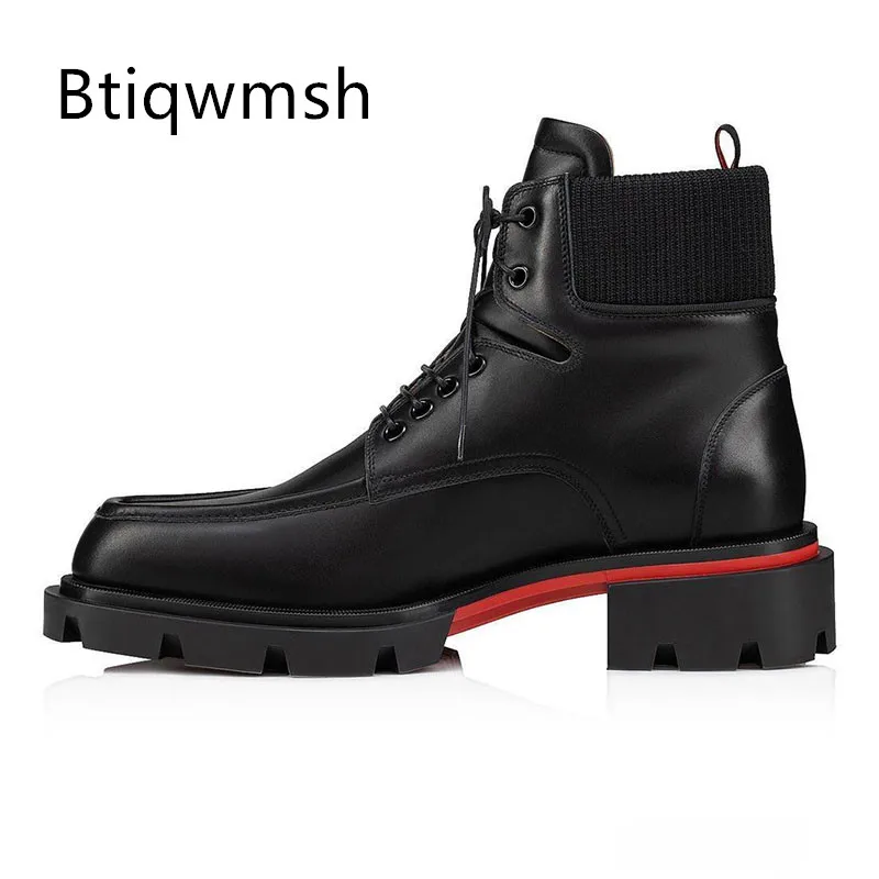 

Black Brown Luxury Ankle Boots Man Square Toe Real Cow Leather Thick Bottom Flats Male Fashion Shoe Winter For Men
