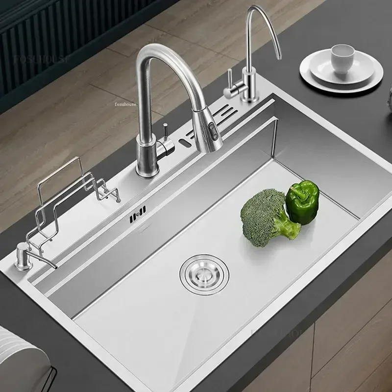 Stainless Steel Kitchen Sink Bar Single Basin Multi-function Kitchen Dish Sink with Knife Holder Home Nano Large Single-slot ZZ