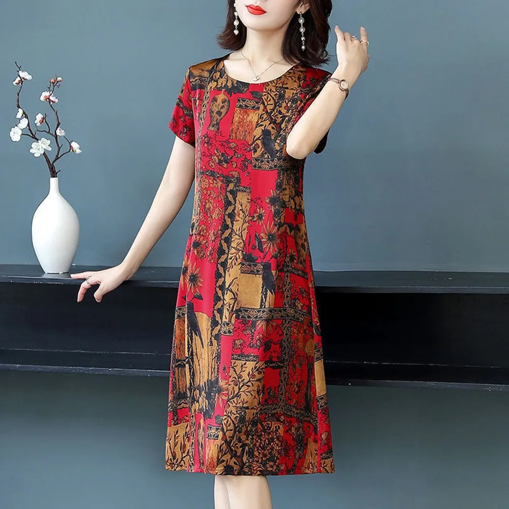

Casual Dress Women Retro Plus Size Print Short-Sleeved Skirt Loose Mother Wear Round Neck Fashionable And Elegant Party Daily