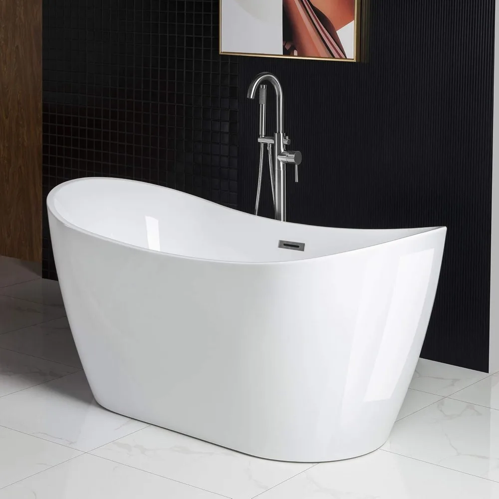 59" Acrylic Contemporary Soaking Tub with Chrome Overflow and Drain，Acrylic and Reinforced with Fiberglass，Freestanding Bathtub 5
