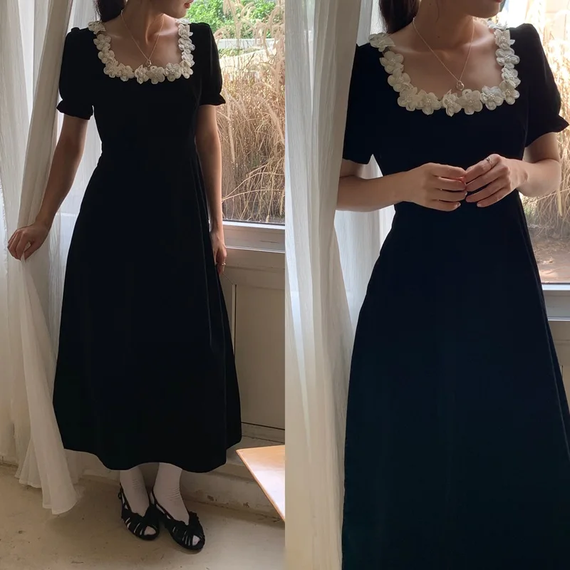 Autumn French Vintage Black Velvet Midi Dresses for Women Puff Sleeves Square Collar A-line Korean Fashion Vestido Mujer New
