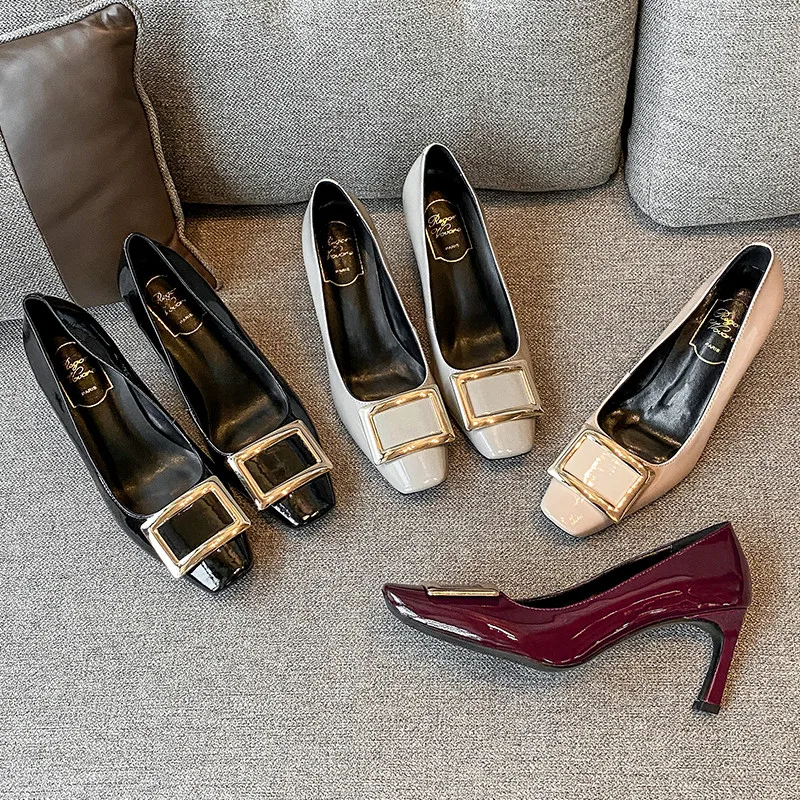 

MKKHOU Fashion Pumps New High Quality Genuine Leather Square Buckle High Heels Daily Commuter Women Leather Shoes