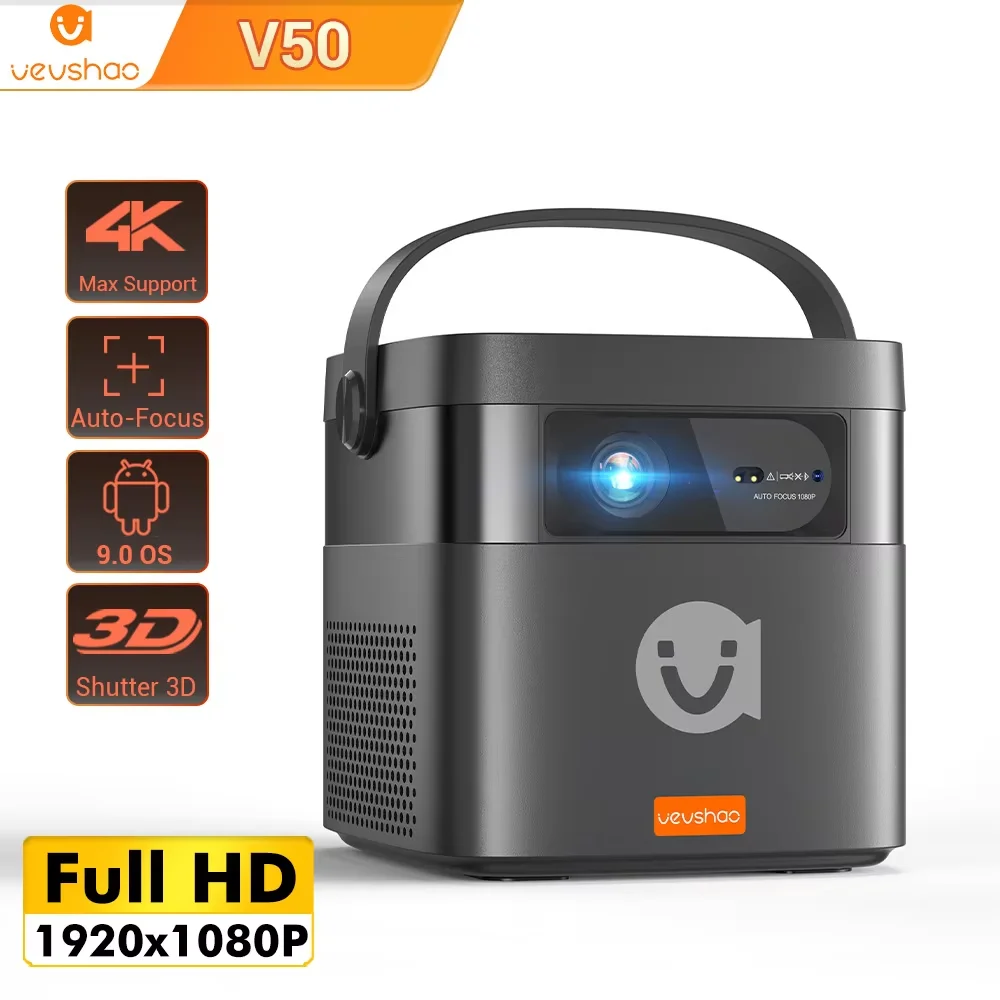 VEVSHAO V50 Projector, 3D Portable Mini 4K HD LED WiFi 1080P Video DLP Home Theater Projector with 15000mAh Battery