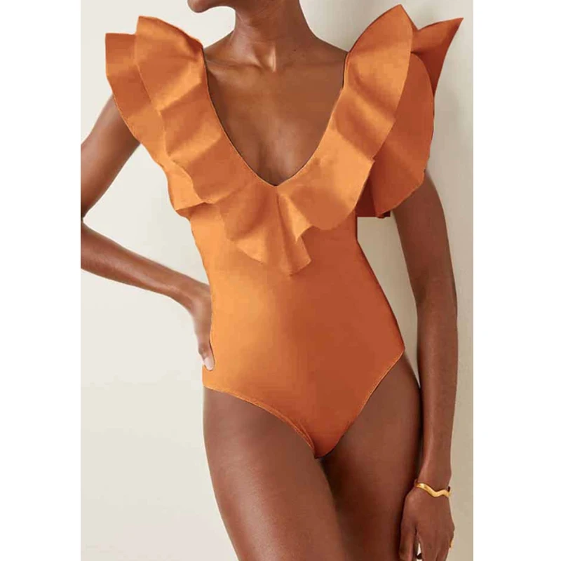 2023 Sexy Ruffle One Piece Swimsuit Sleeveless Solid Swimwear Women Deep-V Bathing Suits Summer Backless Beachwear Dropshipping